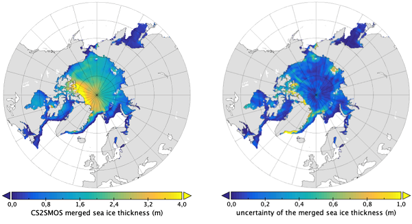 CryoSat - SMOS level 4  sea ice thickness (left panel) and its uncertainty (right panel). Credits: AWI/ESA 