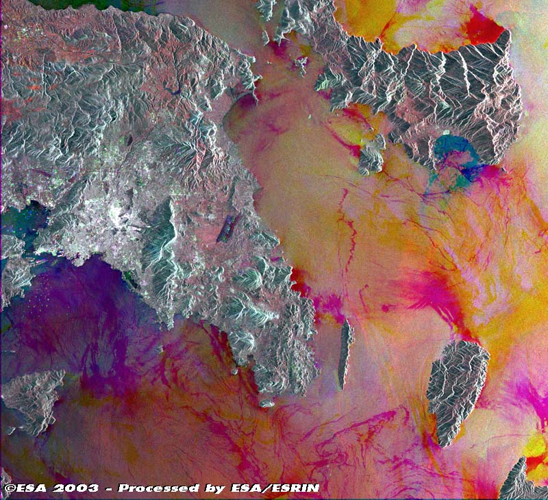 A multi-temporal view of Athens, created by merging three separate satellite images from 1996, 1999, and 2003.