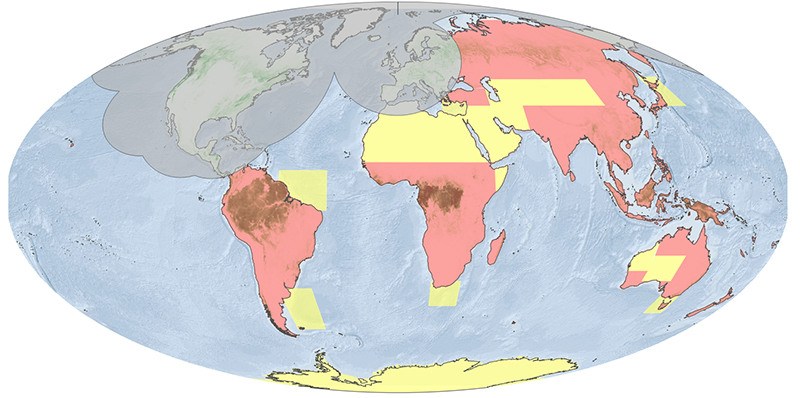 Biomass observation mask. Primary objective areas are highlighted red, secondary objectives areas are yellow, and the SOTR exclusion zone is grey.