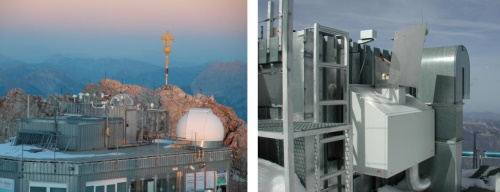 Summit observatory with solar FTIR dome (left) and E-AERI (right) at the Mt. Zugspitze, Germany