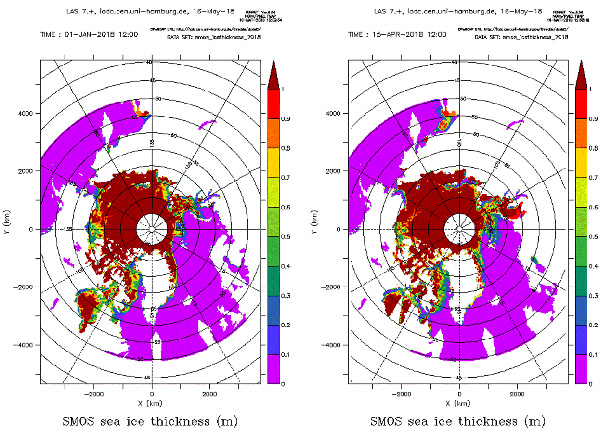 SMOS Level 3 sea-ice thickness on 1 January 2018 (left panel) and 15 April 2018 (right panel). Credits: ESA/ICDC