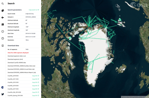 Figure 4: Example single-mode query of CryoVEx-ASIRAS data over Greenland and the Arctic Ocean