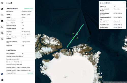 Figure 5: Example intersection-mode query of a coordinated flight of CryoVEx-KAREN and Operation IceBridge over Lincoln Sea, during the 2017 campaign.