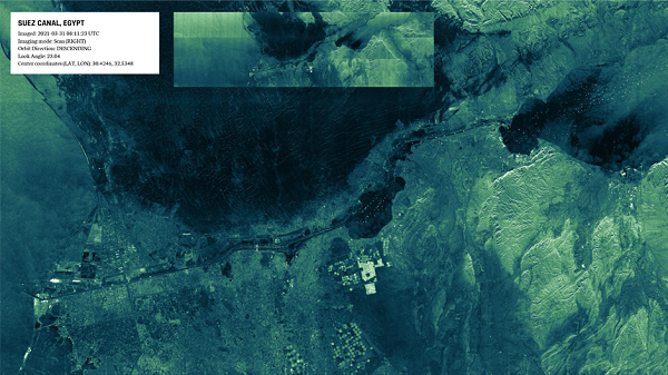 Scan image of the Suez Canal (Egypt), acquired with an ICEYE SAR satellite. Credit: ICEYE.